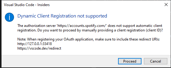 Screenshot that shows the authorization when DCR is not supported for a MCP server.