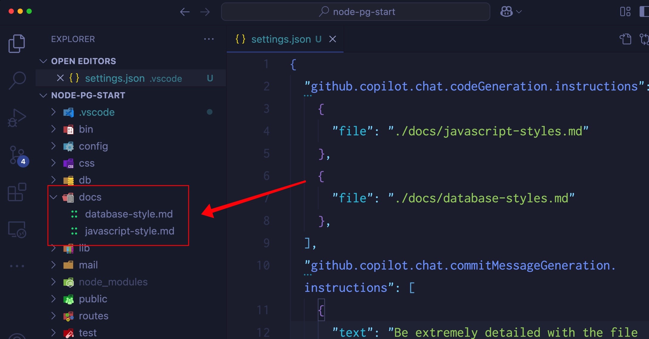Screenshot that shows the Explorer view, highlighting the two files in the folder and showing the custom instructions in the file that reference these docs files.