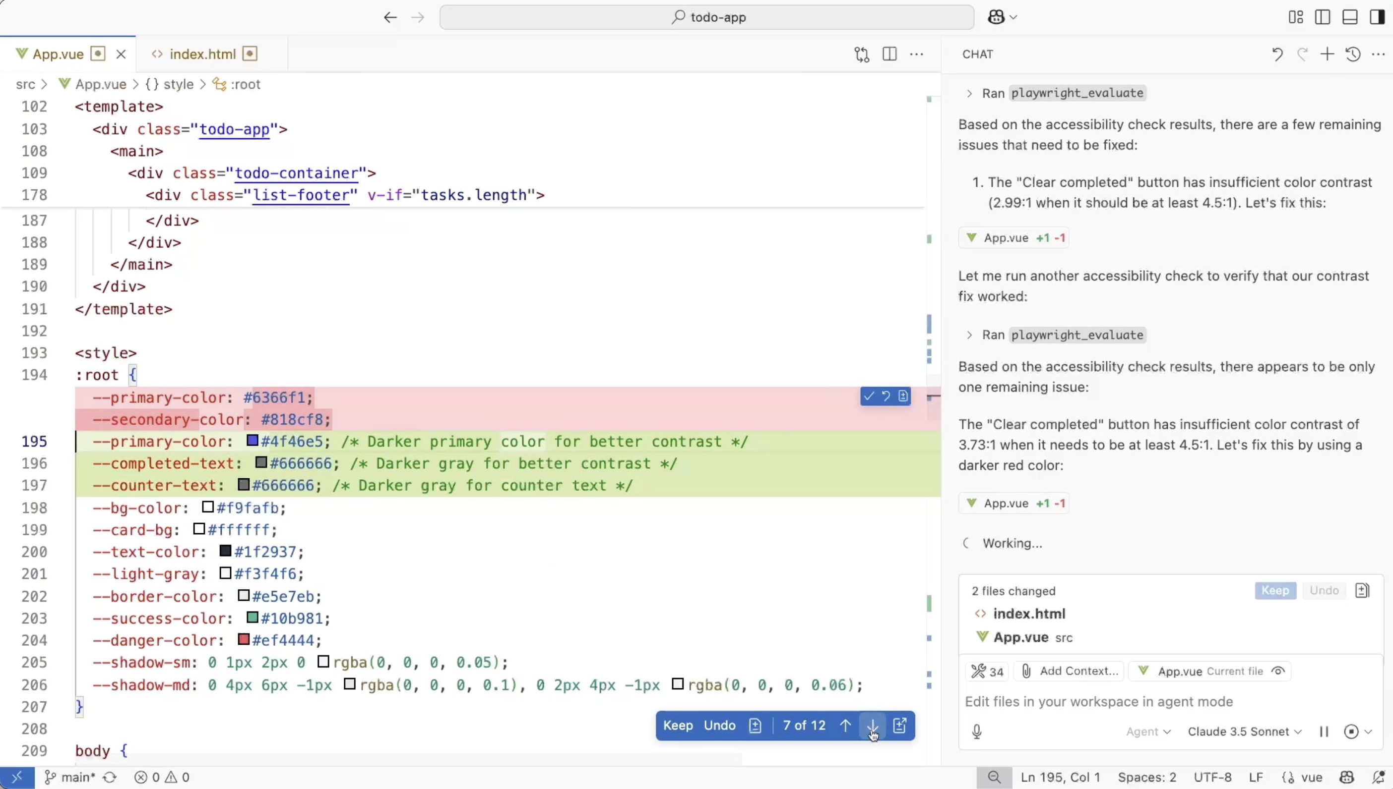 Agent mode with proposed changes in the editor