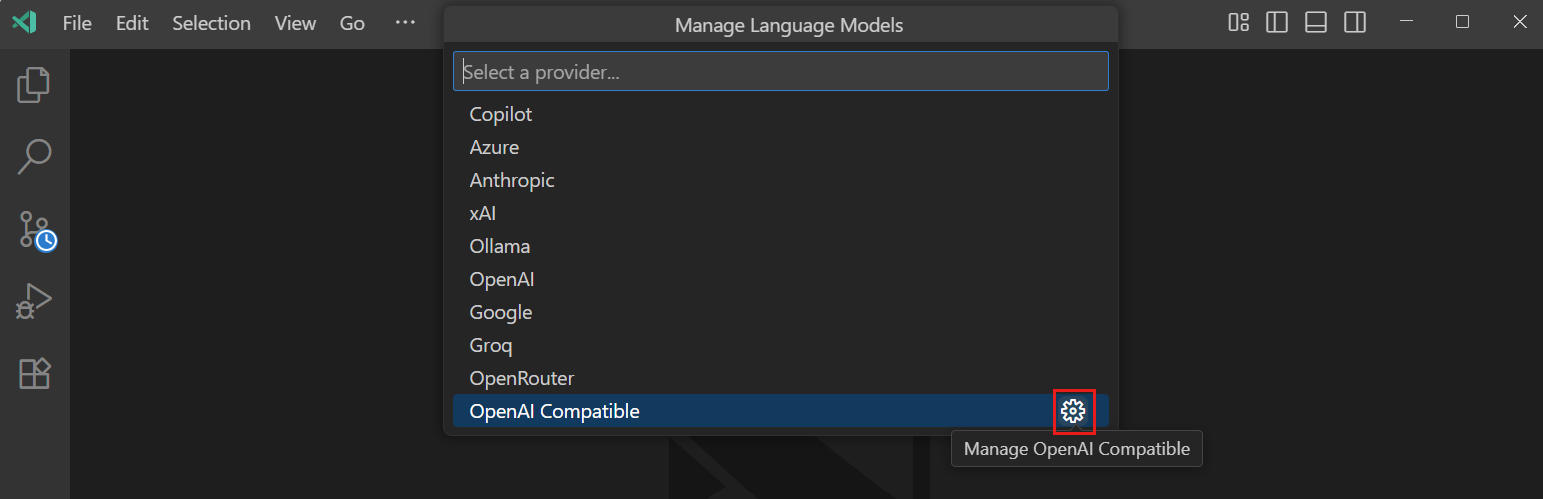 Screenshot showing OpenAI-compatible model configuration in VS Code.