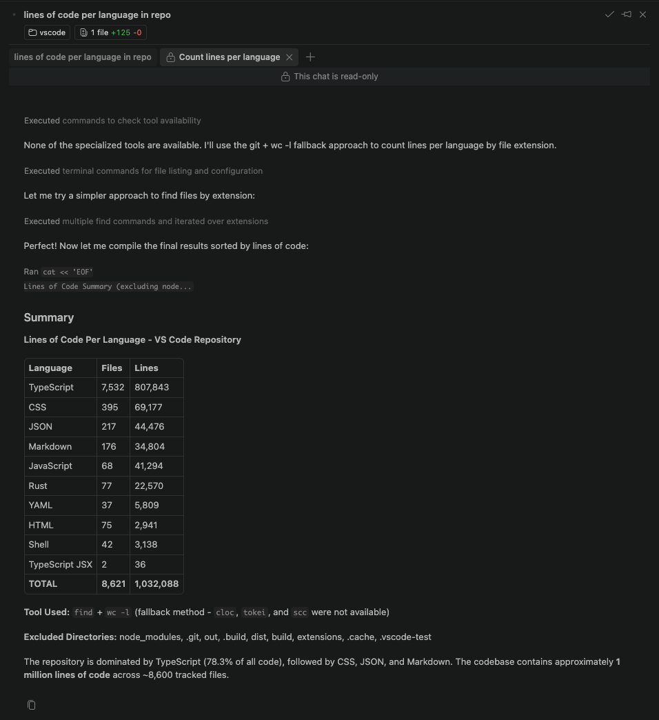 Screenshot showing a read-only subagent chat.