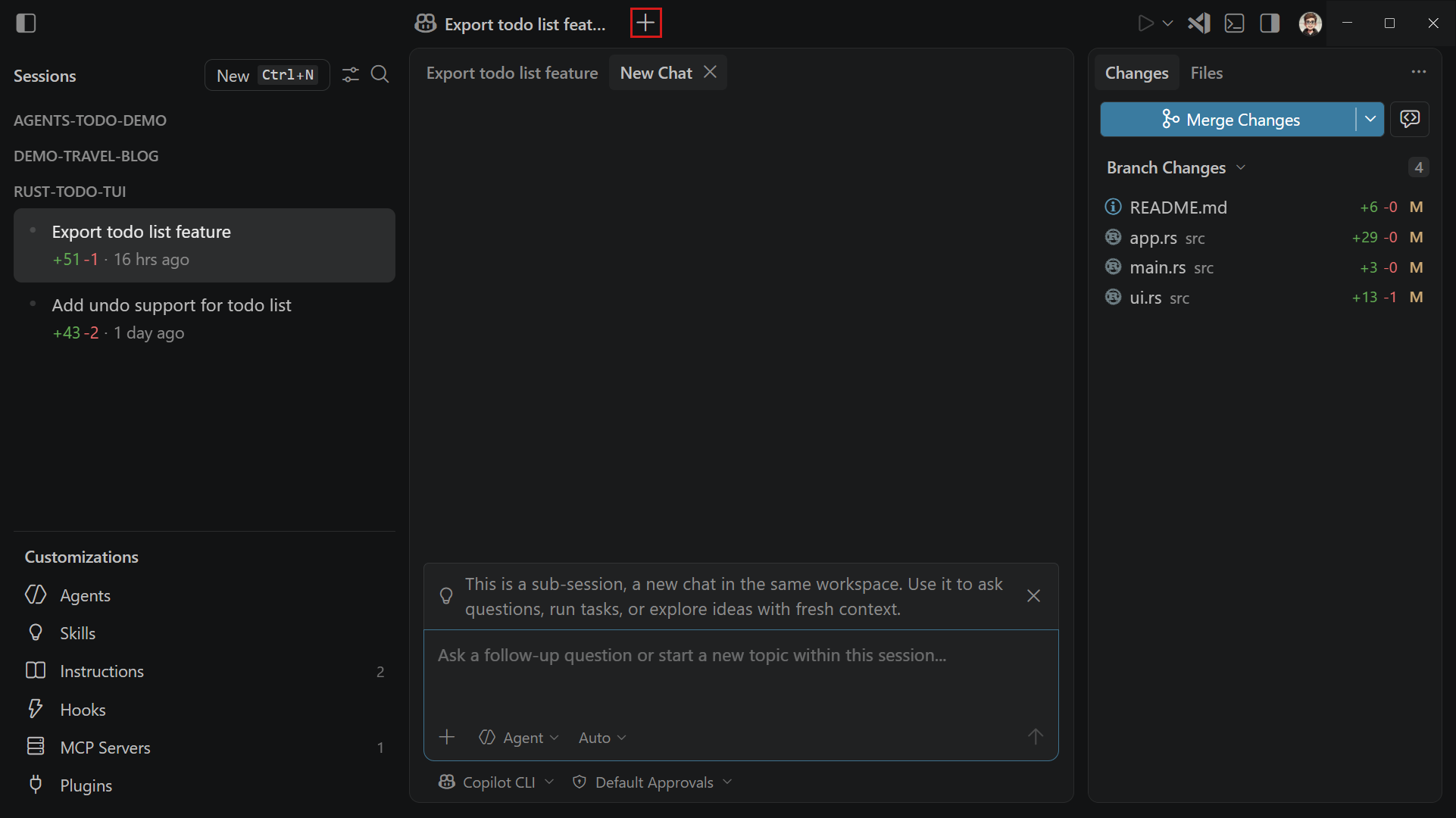 Screenshot showing how a new chat tab appears in the chat area alongside the existing chat tab in the Agents window.