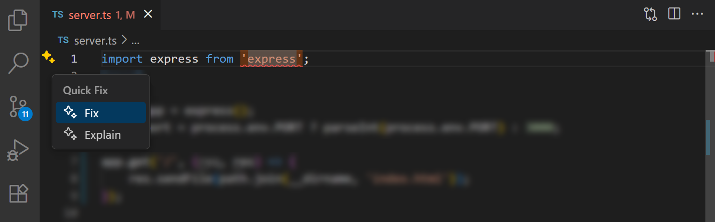 Screenshot of the editor showing the sparkle icon and Copilot context menu to explain or fix the issue.