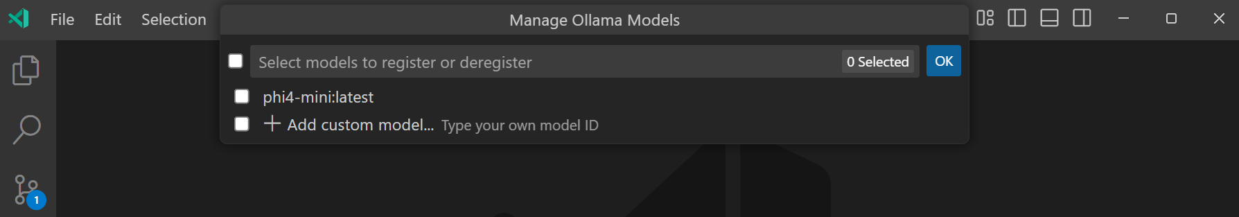 Screenshot that shows the model picker of Ollama running locally, allowing you to select a model from the list of available models.