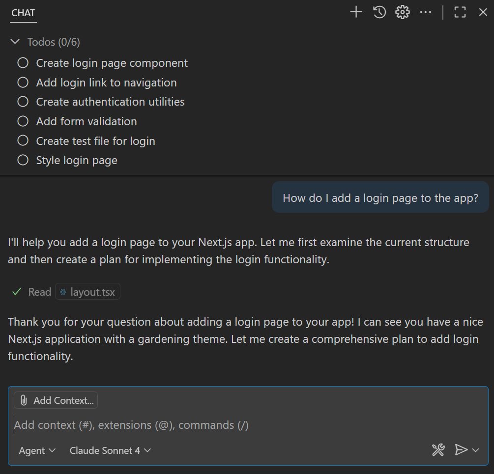 Screenshot of the Chat view, showing the response to asking how to add a login page to a web app.