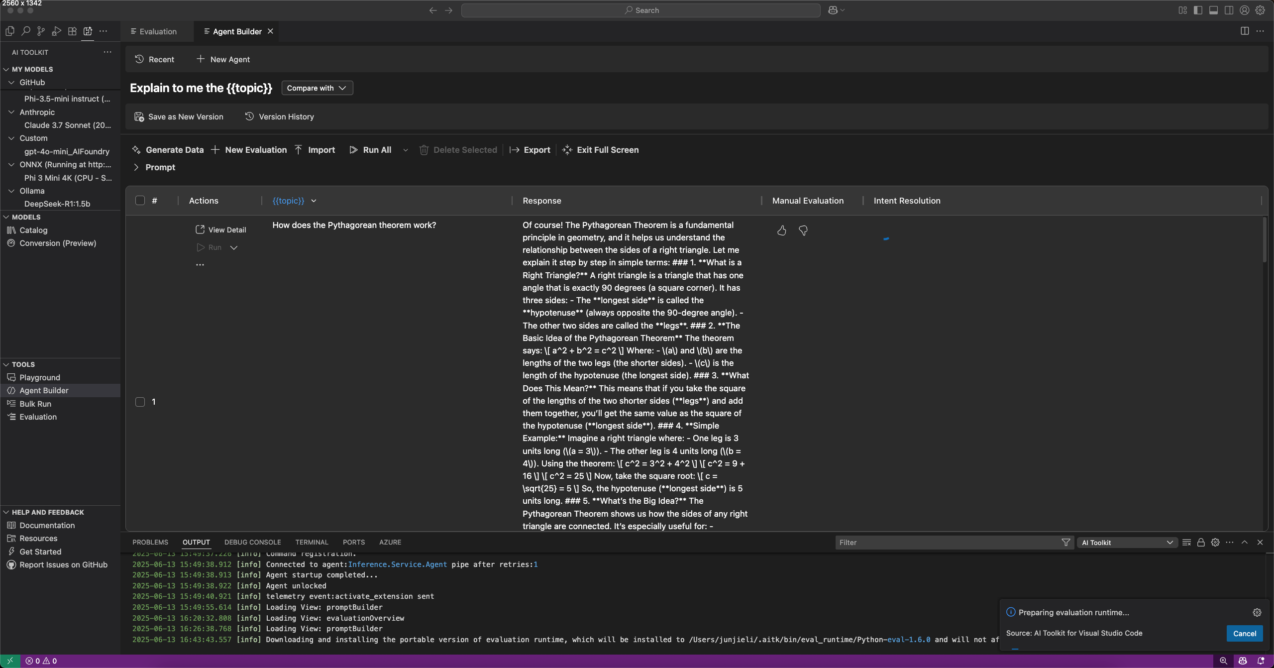 Screenshot showing the Evaluation tab in Agent Builder with options to select evaluators, judging models, and run evaluation against a dataset.