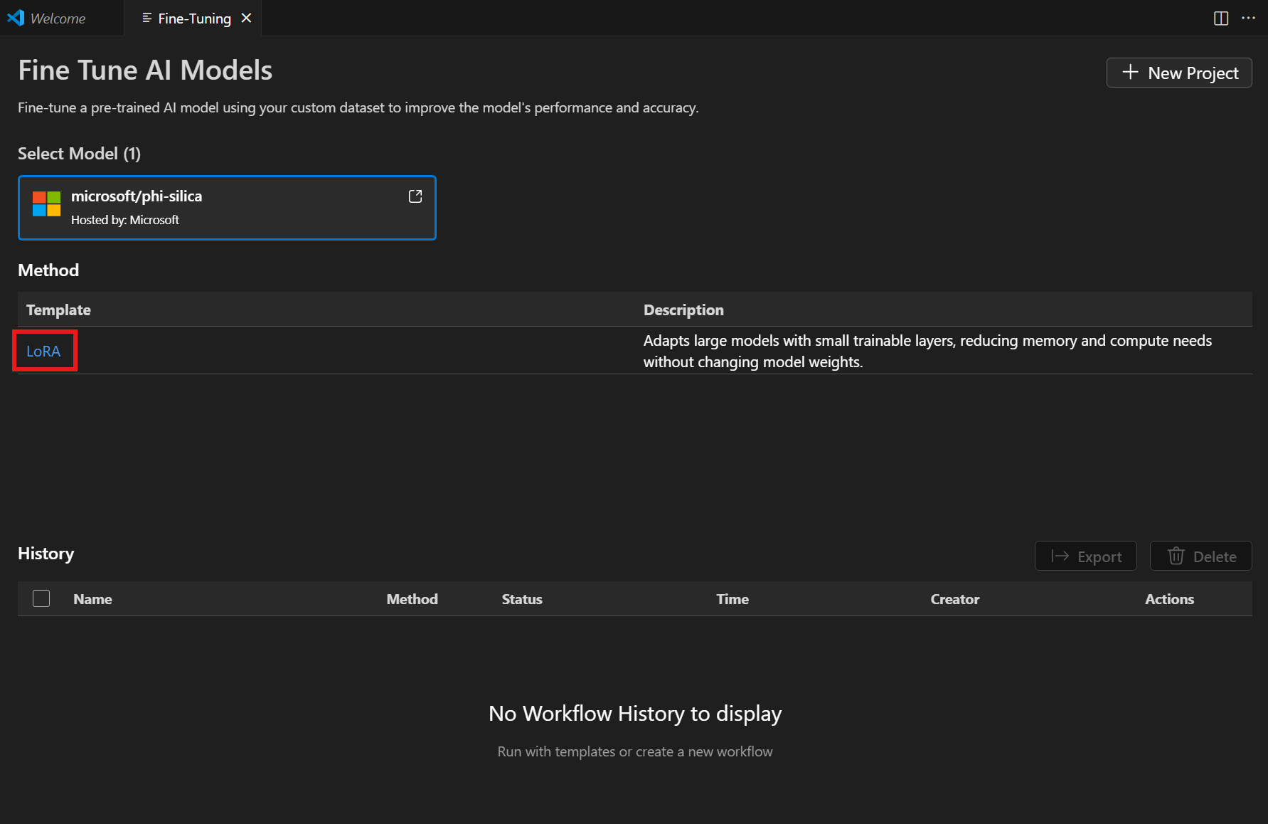Screenshot of selecting LoRA method.