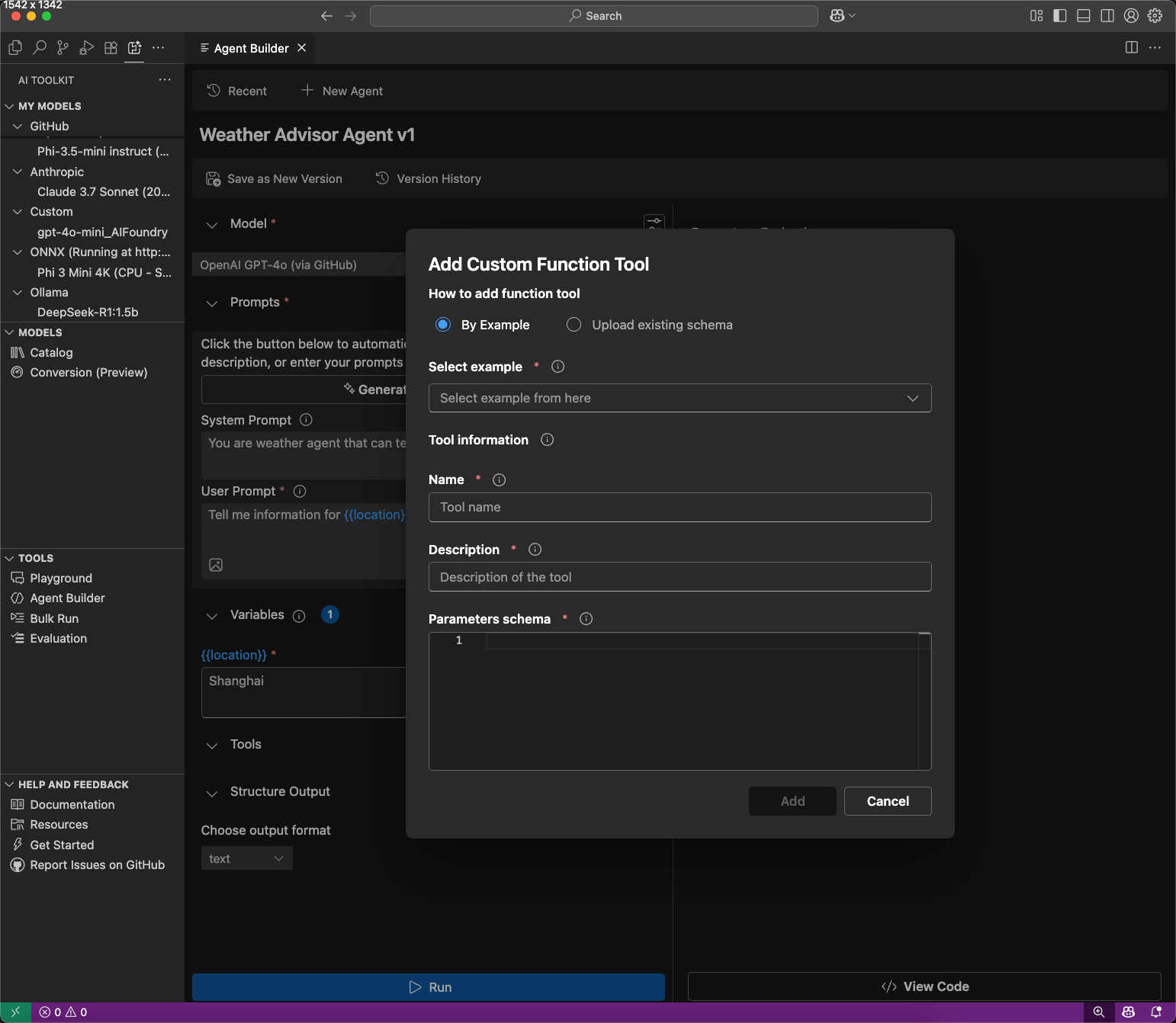 Screenshot showing the Add Custom Function Tool dialog with options to add tools by example or upload schemas.