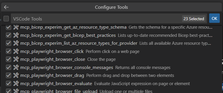 Screenshot showing the select tools interface in Agent Builder.