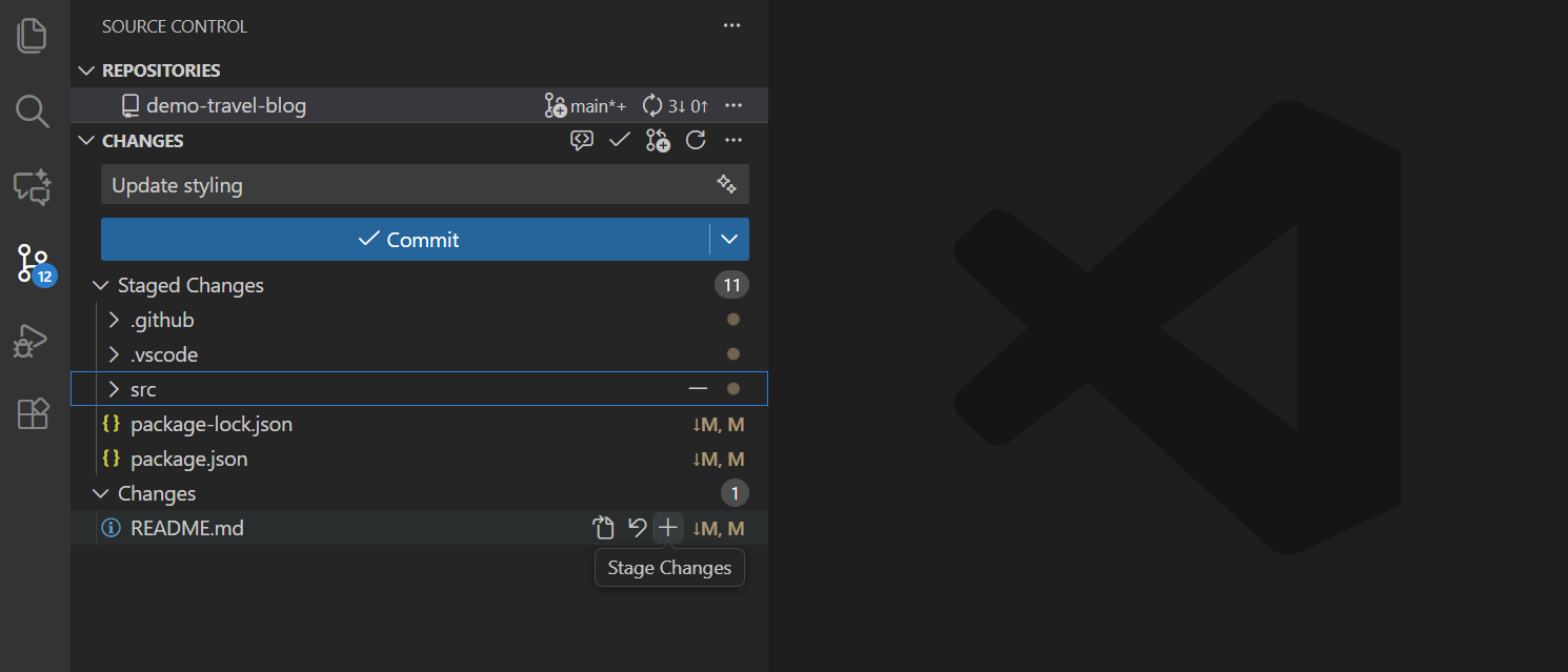 Screenshot of staging changes in the Source Control view.