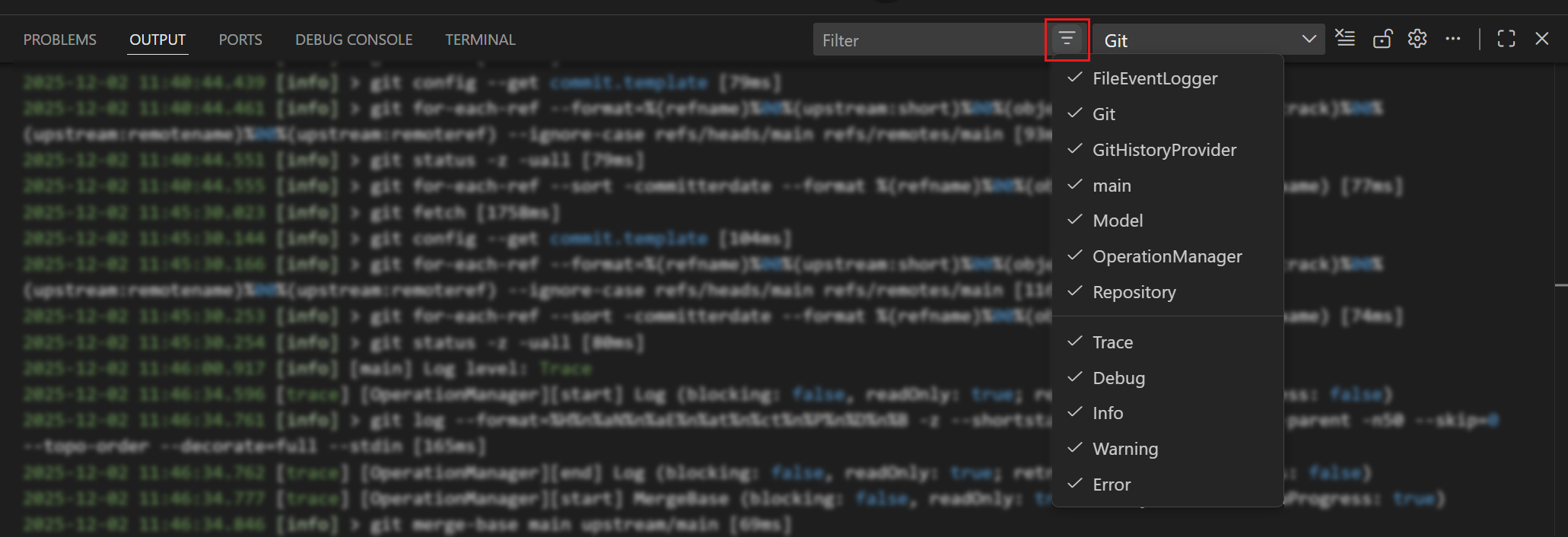 Screenshot of the Output panel filter dropdown.