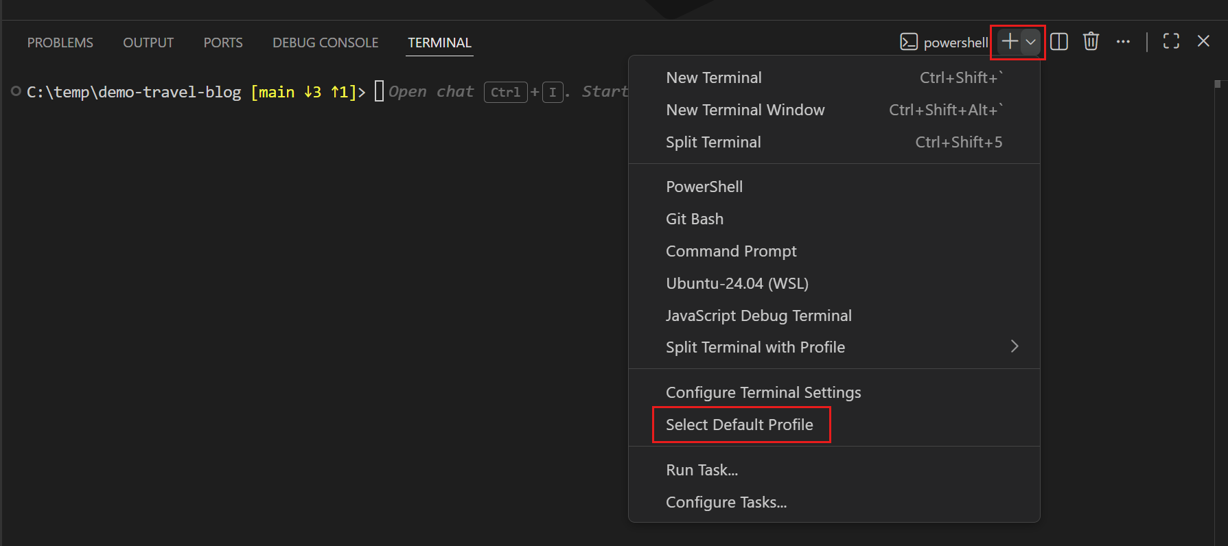 Select Default Profile is located at the bottom of the dropdown menu attached to the new terminal button