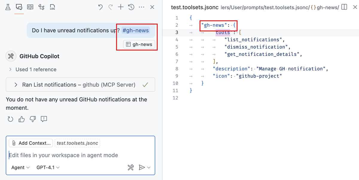 Screenshot of the Chat view showing a query about unread notifications, using the 'gh-news' tool set highlighted in both the chat interface and a JSON configuration file which defines this tool set.