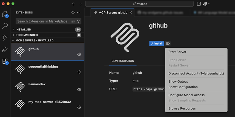 Screenshot showing the Disconnect Account action shown in MCP editor gear menu.