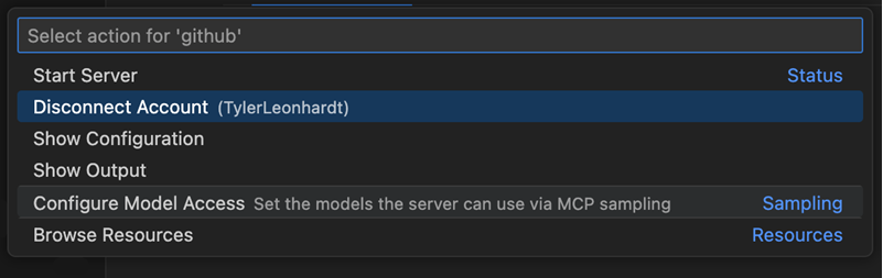 Screenshot showing the Disconnect Account action shown in MCP quick pick menu.