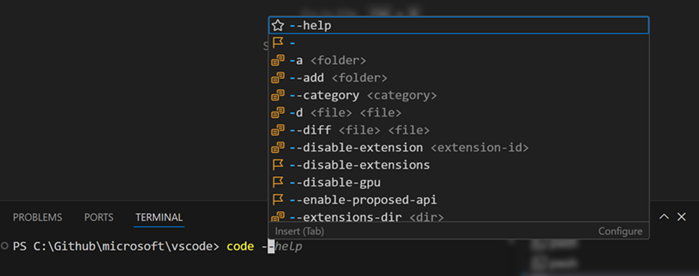 Screenshot showing the first terminal suggestion can be accepted with Tab.