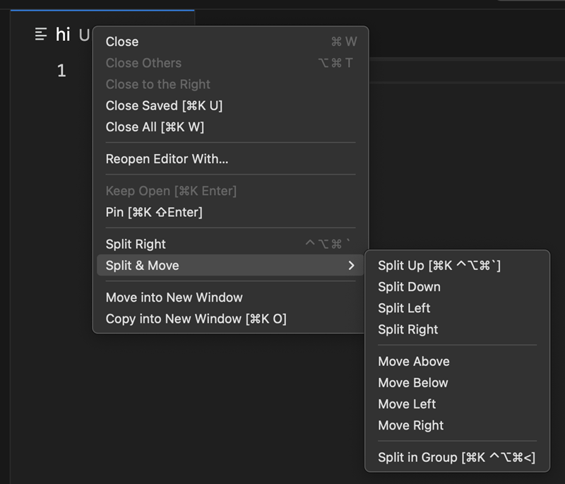 Screenshot that shows the 'Split and Move' editor tab context menu.