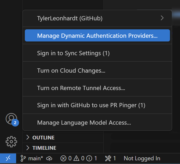 Screenshot of the Account menu showing the manage dynamic auth option in the root of account menu.