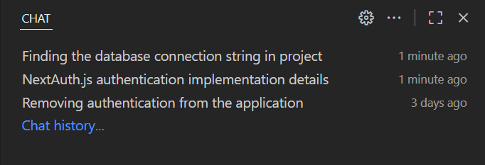 Screenshot of the Chat view showing recent local chat conversations when there are no active chat sessions.