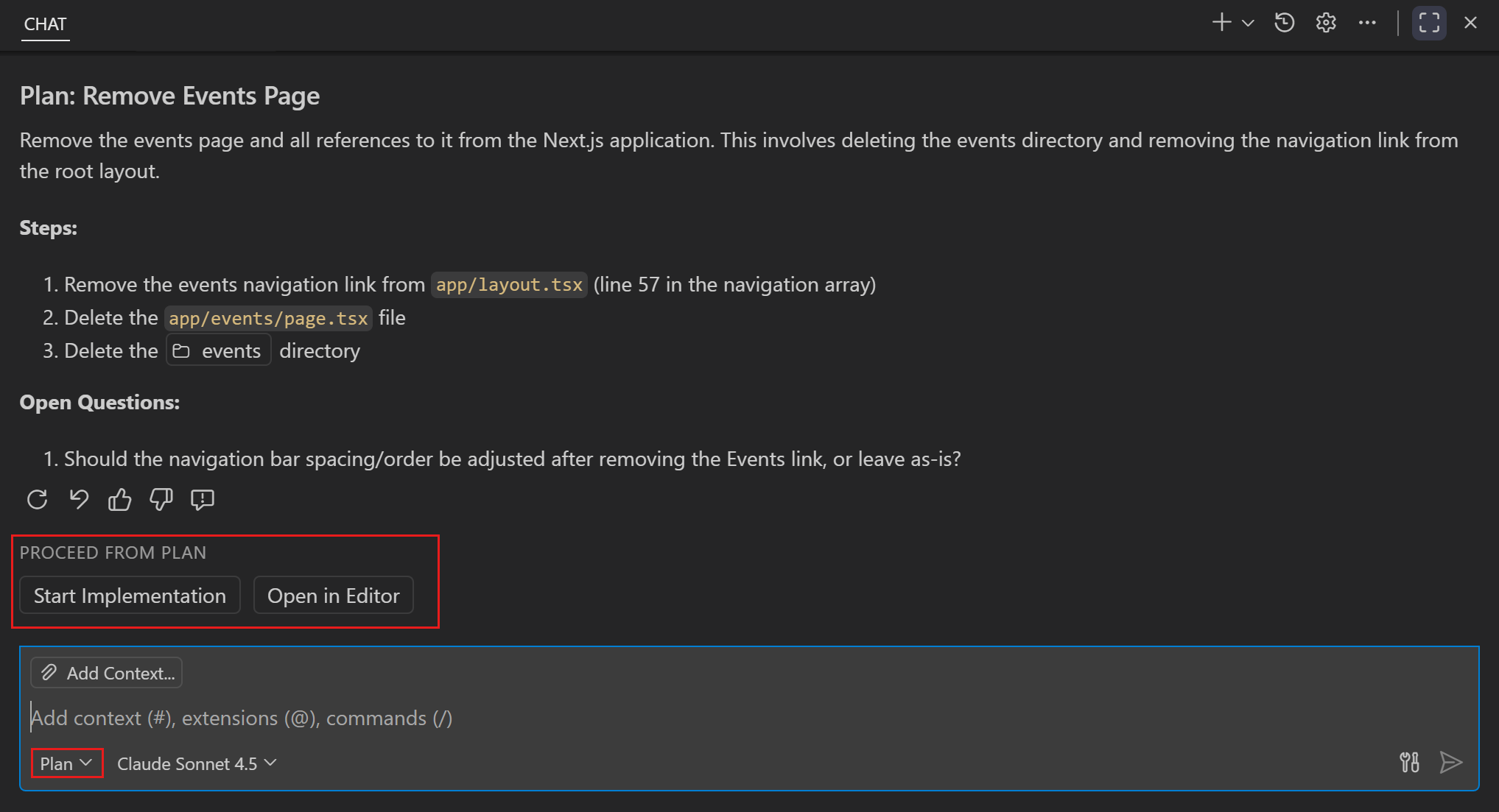 Screenshot of the Chat view with the Plan agent selected and a prompt to create an implementation plan for a feature.