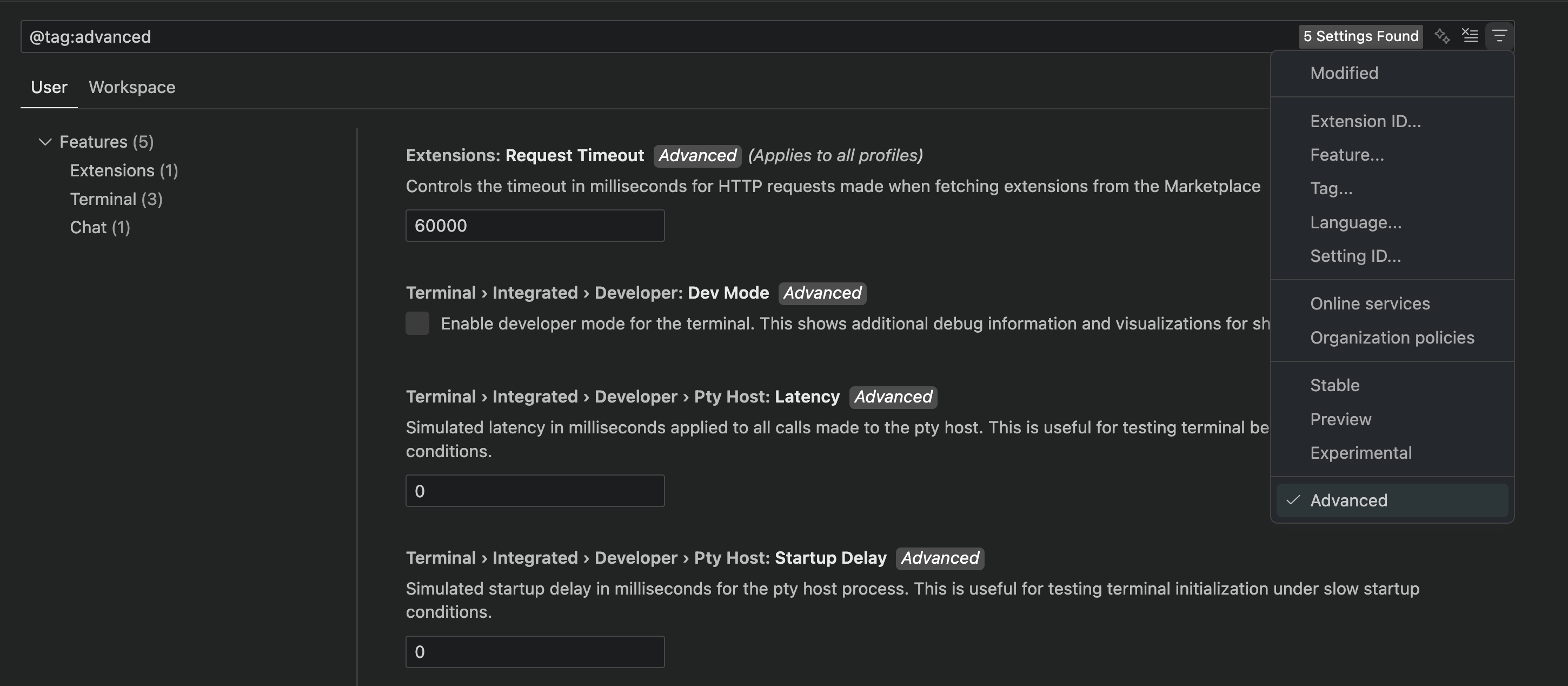 Screenshot showing the Settings editor with the Advanced filter applied, displaying advanced settings with the Advanced tag badge