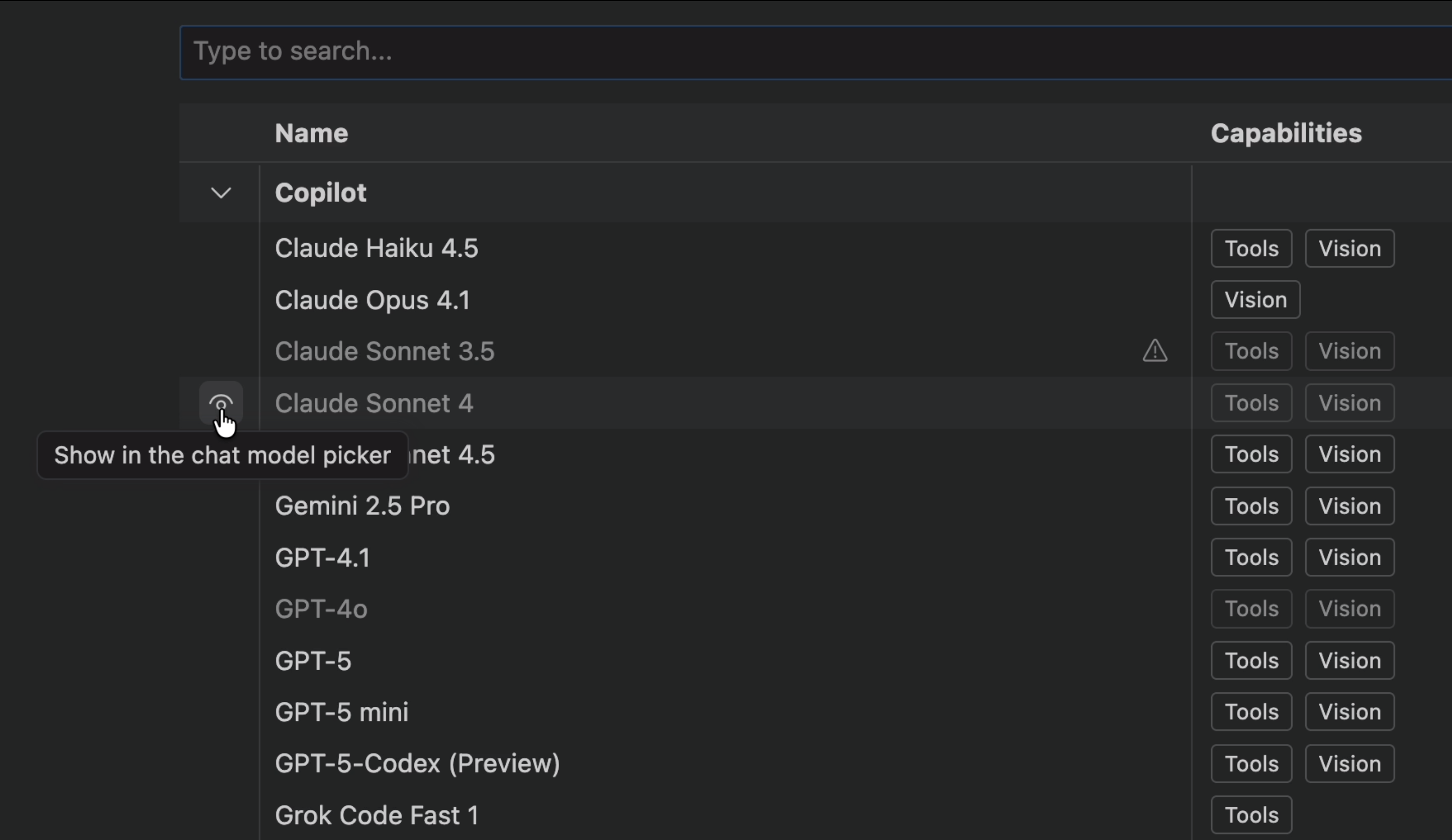 Screenshot showing the eye icon to toggle model visibility with a tooltip displaying "Show in the chat model picker"