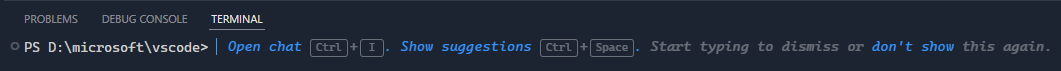 Screenshot of the hint that shows when opening a terminal now explains how to trigger "show suggestions".