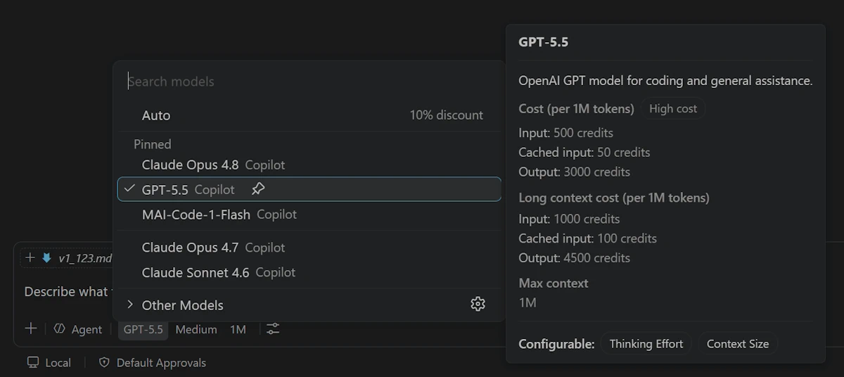 Screenshot showing the model picker with cost information