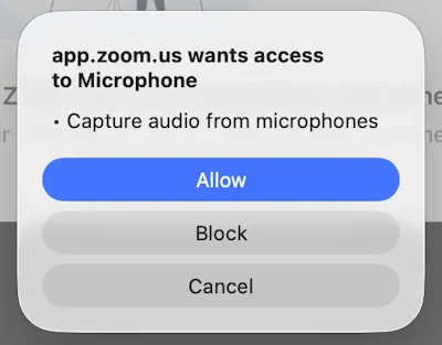 Screenshot showing a system dialog where app.zoom.us requests microphone access, with options to Allow, Block, or Cancel.