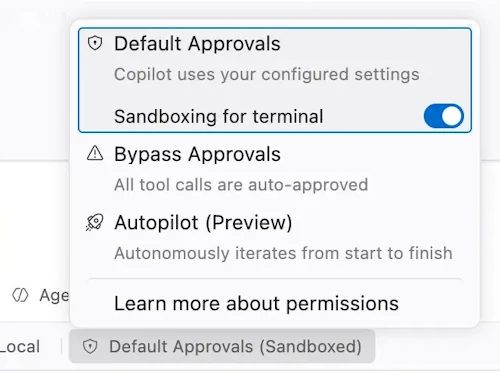 Screenshot showing the sandboxing toggle available in the Default Approvals mode.