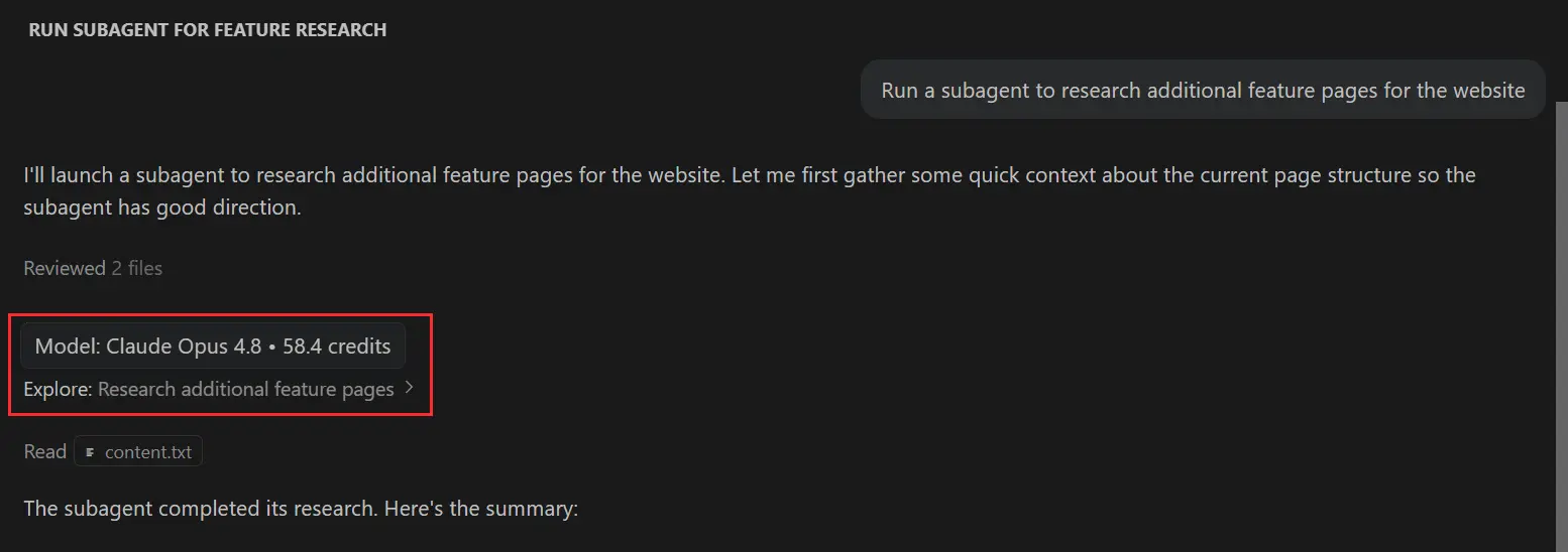 Screenshot showing the credit usage hover for a subagent section in a chat response.