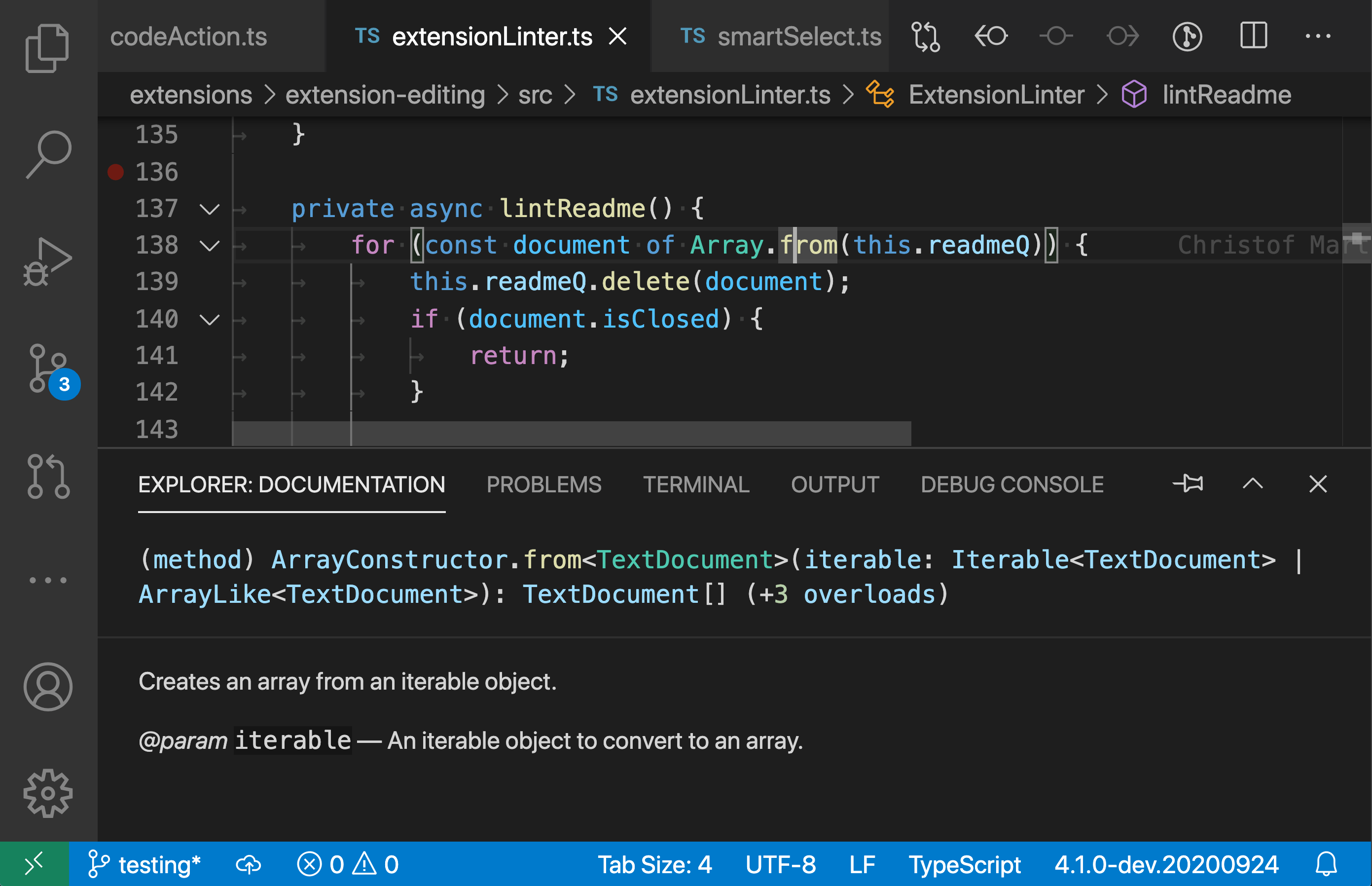Showing the docs for Array.from in the panel