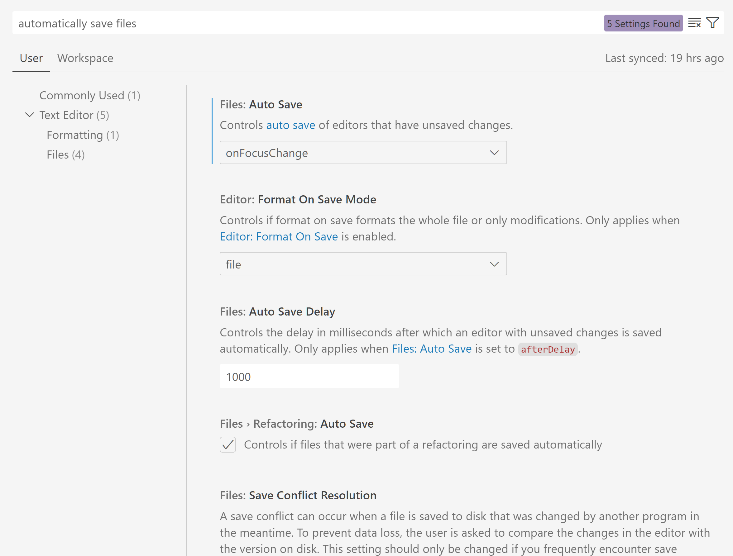 The query "automatically save files" in the Settings editor showing some auto save settings