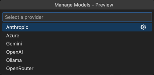 A screenshot of a "Manage Models - Preview" dropdown menu in a user interface. The dropdown has the label "Select a provider" at the top, with a list of options below it. The options include "Anthropic" (highlighted in blue), "Azure," "Gemini," "OpenAI," "Ollama," and "OpenRouter." A gear icon is displayed next to the "Anthropic" option.