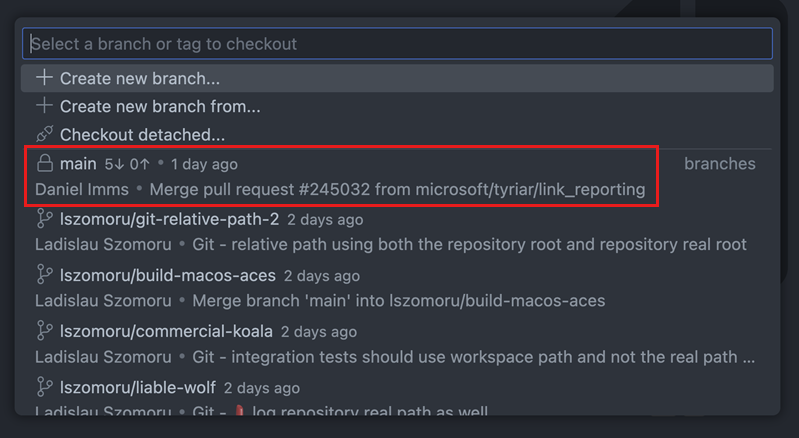 Screenshot of the source control references picker showing a list of git branches with details of the last commit, and ahead/behind information.