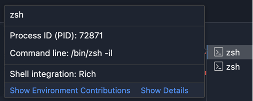 Screenshot of the simple hover showing the terminal name, PID, command line, shell integration quality and actions