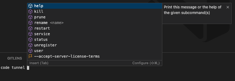Screenshot of the terminal window, showing code tunnel has been typed. The suggest widget shows subcommands like help, kill, prune, and others, with descriptions for each command.