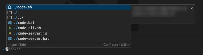 Screenshot of the terminal, showing suggestions for various script files, including code.sh, code-cli.sh, and code-server.js. Icons indicate the specific file type.